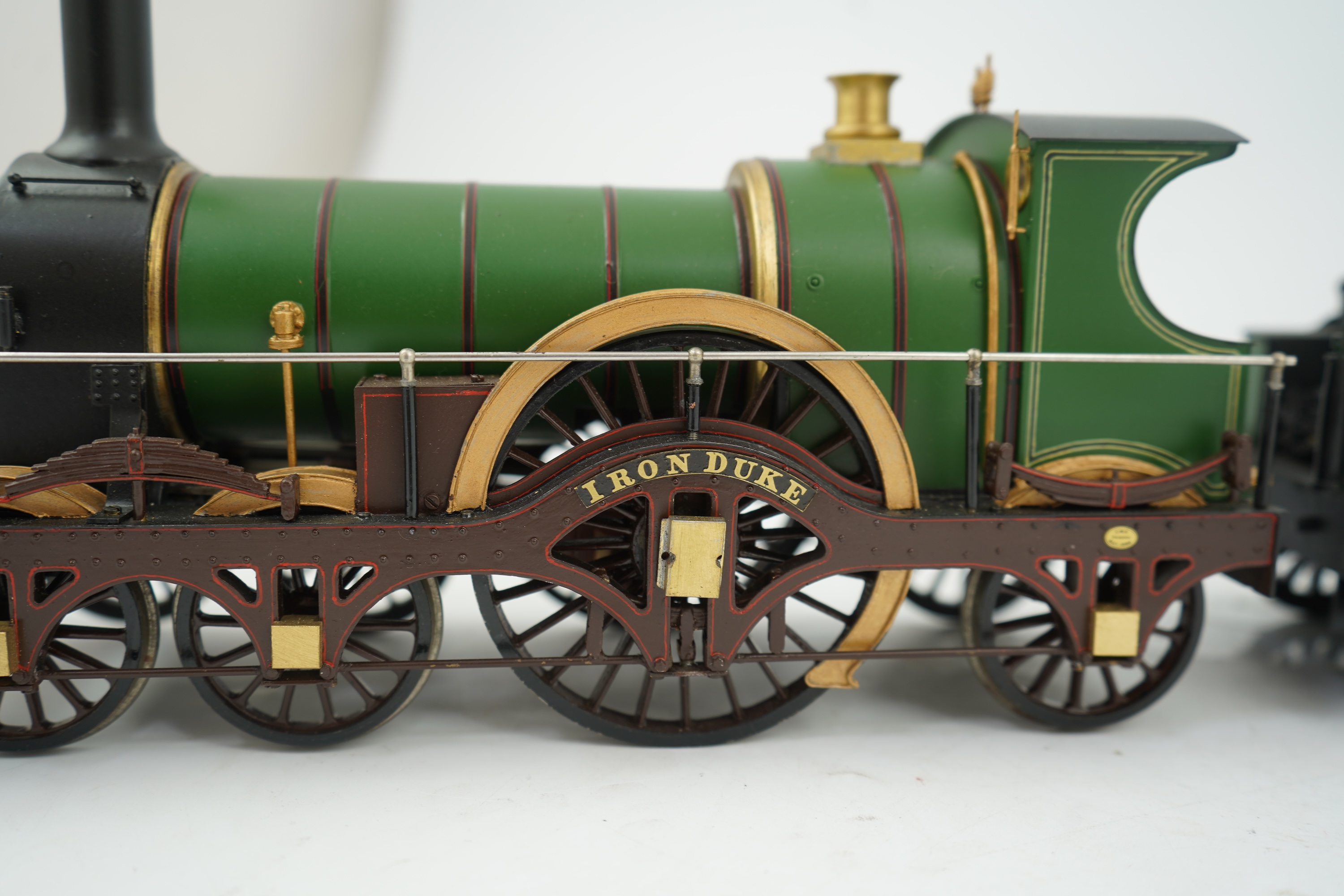 A ‘Gauge One’ kit/scratch built model of GWR broad gauge 4-2-2 tender locomotive Iron Duke scaled to run on 70mm track, unpowered and with a good level of detailing including the valve gear between the frames.